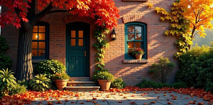 Autumnal vibes with charming brick facade and fallen leaves, illustration, fallen leaves