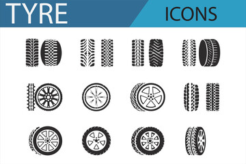  A collection of tire icons showcasing various tire designs and symbols related to weather conditions, tire types, and tire wear, ideal for automotive, transportation, and weather-related digital proj