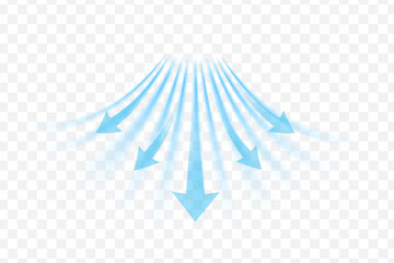 Light wind set of vector elements on transparent background. Dynamic blurred air flow movement