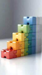Obraz premium Growing colorful bar chart made of puzzle pieces connecting business sectors in 3D