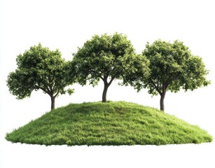 Fototapeta premium Lush Green Hill with Three Verdant Trees Under Bright Sky, a Serene Landscape for Nature Lovers and Outdoor Enthusiasts, Perfect for Nature Photography