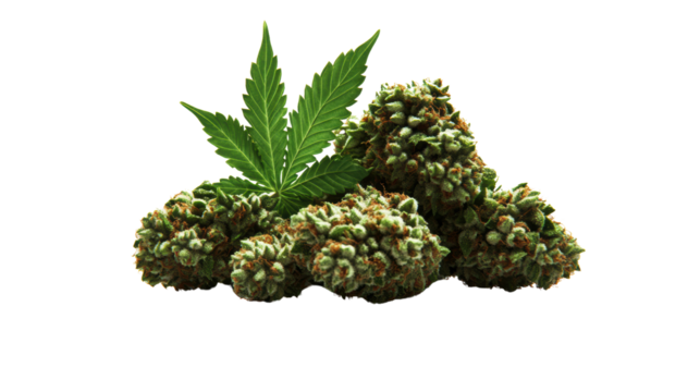 Highquality cannabis buds with green leaves isolated on black background for medical or recreational use