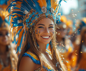 Smiling woman in a vibrant blue and gold feathered headdress at a colorful carnival celebration. Joyful energy, intricate costume details, and sparkling confetti capture the festive atmosphere.