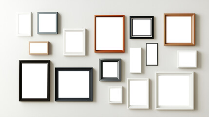 Photos gallery wall mockup with a display different modern blank picture frames, isolated on white or transparent background, cut out png