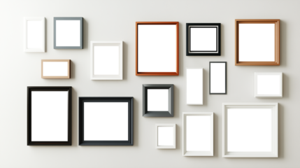 Photos gallery wall mockup with a display different modern blank picture frames, isolated on white or transparent background, cut out png