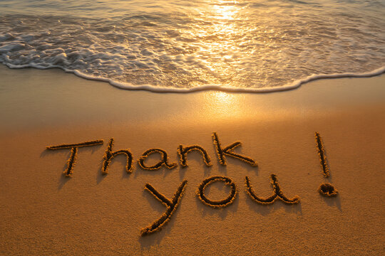 Gratitude's Embrace: A sun-kissed beach welcomes the simple yet profound message of "Thank You", etched delicately in the sand, whispering waves of appreciation.
