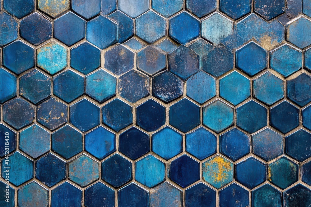 Poster a close up of a wall covered in small blue hexagonal tiles creating a textured and patterned surface