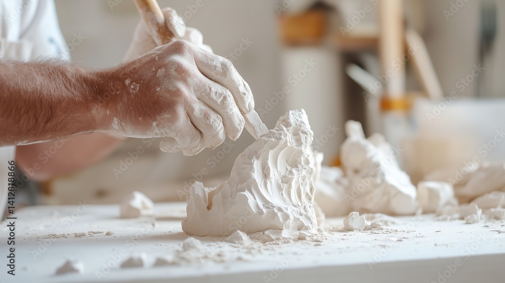 Poster creating intricate sculptures with skillful hands during an art session in a bright studio