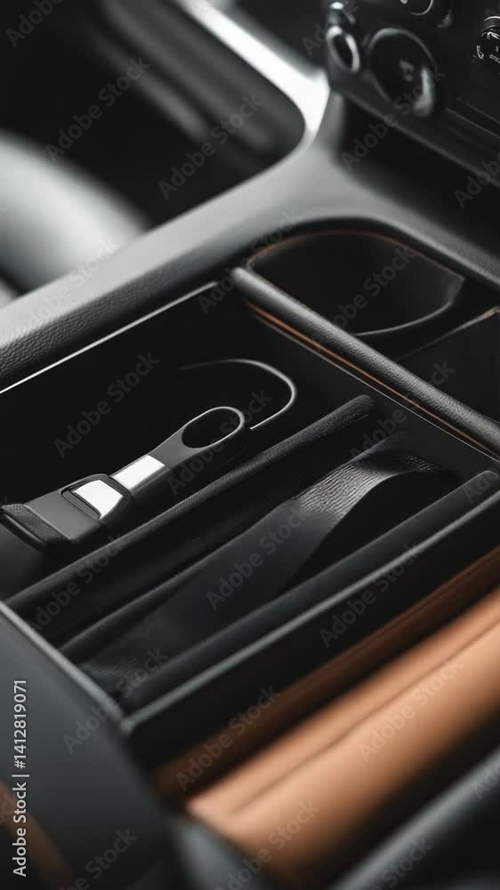 Poster a close-up view of a car's interior showing a charger, perfect for use in automotive or technology-r