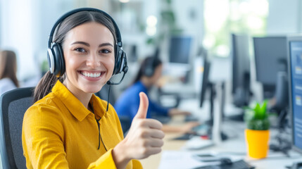 Cheerful call center agent providing excellent customer support in office environment