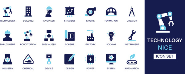 Technology icon set collection. Building, engineer, strategy, formation, creator, employment, robotization, scheme, factory and best solid icon set.