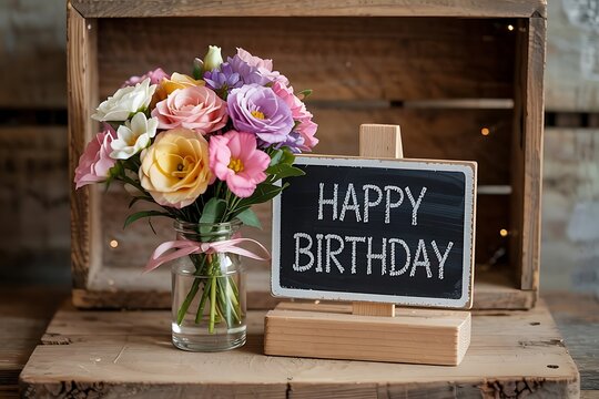Rustic charm: Birthday flowers and wishes on vintage wooden backdrop