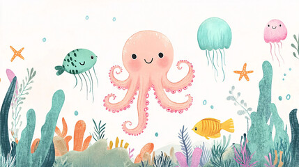 Fototapeta premium A cute and colorful ocean illustration with adorable sea animals, all set against a minimal white background with clean lines and playful expressions.