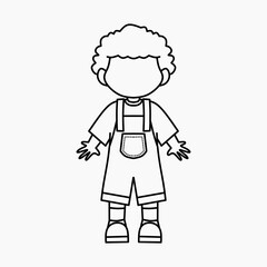 Coloring page of Standing Boy with Curly Hair and Outstretched Arms. Orange Background. Cute Kids Character