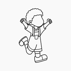 Happy Jumping Boy with Raised Arms in Blue Outfit. Brown Background. Cheerful Coloring page Character