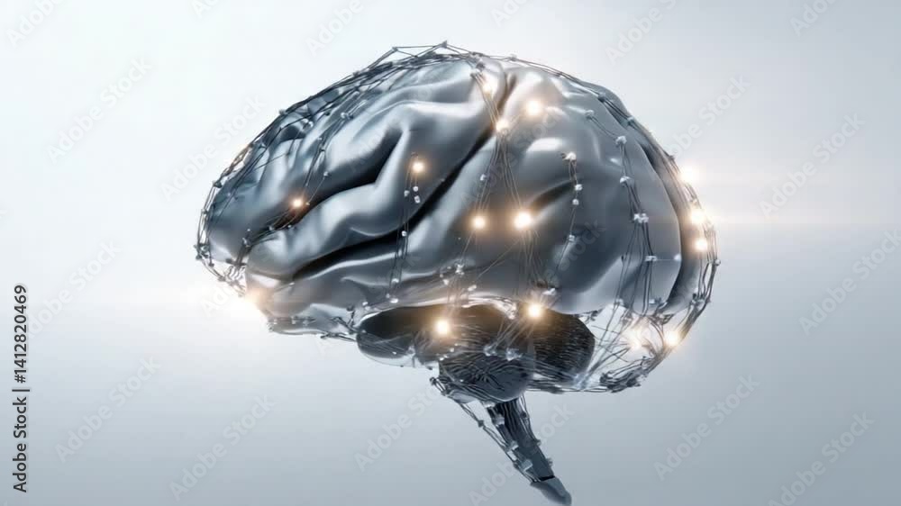 Poster metallic brain: a striking visual representation of a metallic brain with glowing lights, symbolizin
