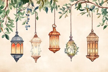 Watercolor lanterns hanging from branches.