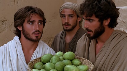 Fototapeta premium Men present basket of fruit