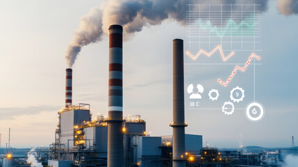 Industrial factory with carbon emission data overlay for environmental impact awareness