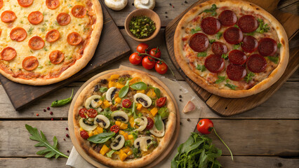 A tasty Italian pizza with mushrooms and tomatoes, featuring mozzarella and a baked crust, sits on a wooden table