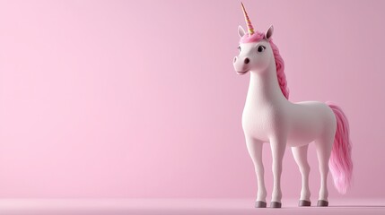 A charming unicorn figurine with a pink mane, set against a soft pink backdrop, radiating a whimsical and playful mood.
