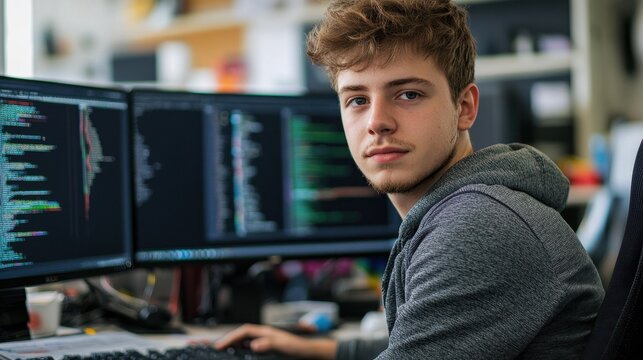 A young male programmer sits at his computer desk, focused on coding. The modern workspace features multiple monitors displaying colorful code, showcasing innovation and technology.