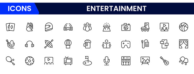 Entertainment and leisure thin black and red line icons set vector illustration. Outline cinema and theater symbols, museum and TV, masks of theater and popcorn for movies, carousel of the amusement p © oneflock