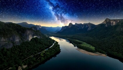 Celestial River: Starry Night Over a Majestic Mountain Valley