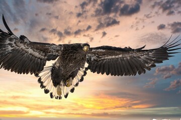 Birds of prey - flying Steller's sea eagle (Haliaeetus pelagicus) on background - dramatic blue sky and white clouds