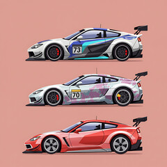 Three stylized race cars, side view, diverse liveries, sports design, automotive art.