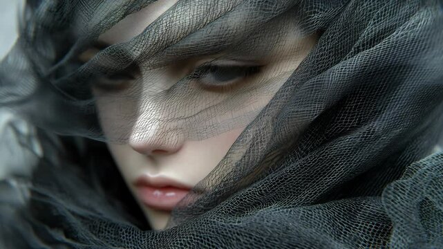 Intricate details of a fashion model with sheer fabric flowing around her face