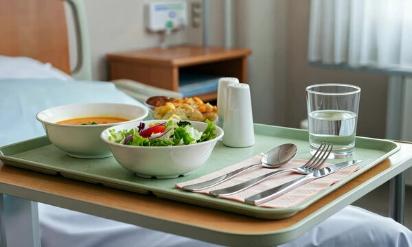 Hospital meal tray with salad, soup, water, and utensils in hospital room
