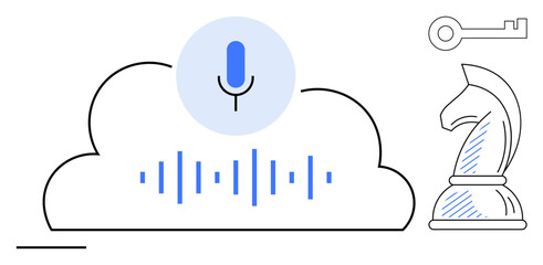 Cloud with voice recognition symbol and soundwaves, chess knight, and key evoke technology, security, strategy. Ideal for AI, innovation, decisions, privacy cloud computing voice tech flat simple