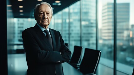 A dignified elderly European man in a suit stands confidently in a modern office environment, exuding professionalism and timeless wisdom.