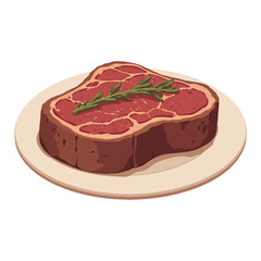 Cooked Steak on a Plate with Rosemary Isolated Hand Drawn Vector Illustration