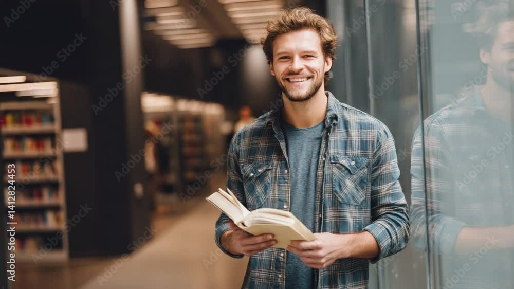 Poster young student enjoying reading in modern library generative ai