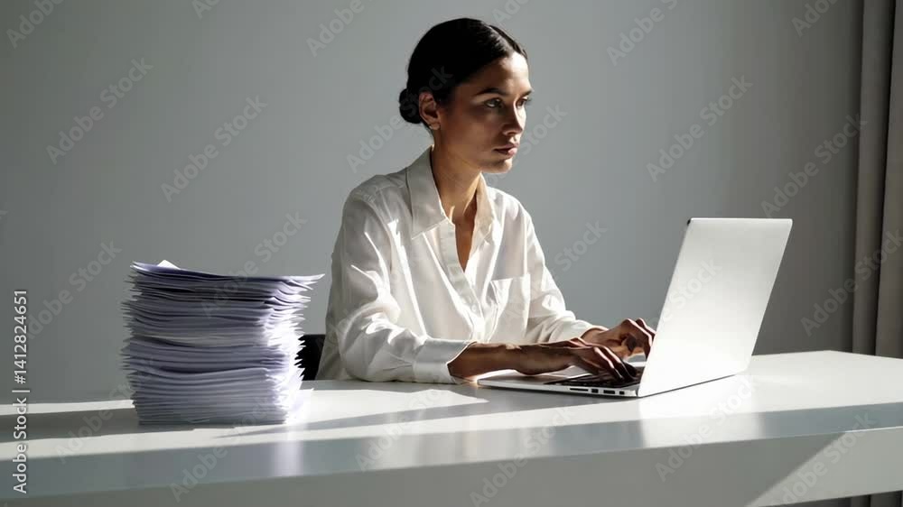 Poster Focused accountant working on a laptop with a large stack of invoices on a white desk in a bright office, managing financial documents and preparing tax returns during tax season