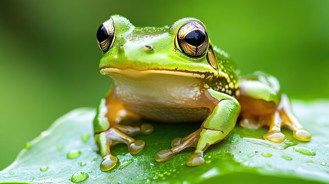 Frog sitting on a wet leaf in a spring pond, detailed texture, wildlife close-up photography 
