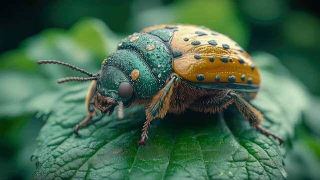A detailed macro shot of a cockchafer beetle perched on a green leaf in a natural environment, showcasing its texture and features