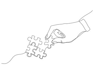 Continuous one line drawing of a hand placing a puzzle piece. Minimalist style illustration representing problem solving, connection, teamwork, and creativity. Vector illustration, Editable stroke