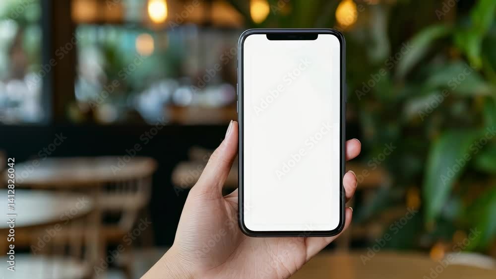 Poster woman sitting at cafe table, holding smartphone with blank white screen, demonstrating digital devic