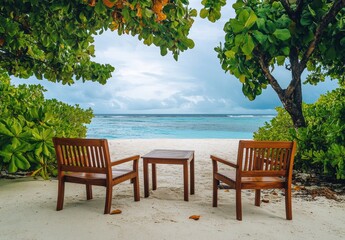 Obraz premium Serene Beachfront Seating Arrangement Surrounded by Lush Greenery and Calm Ocean Waves Under a Cloudy Sky