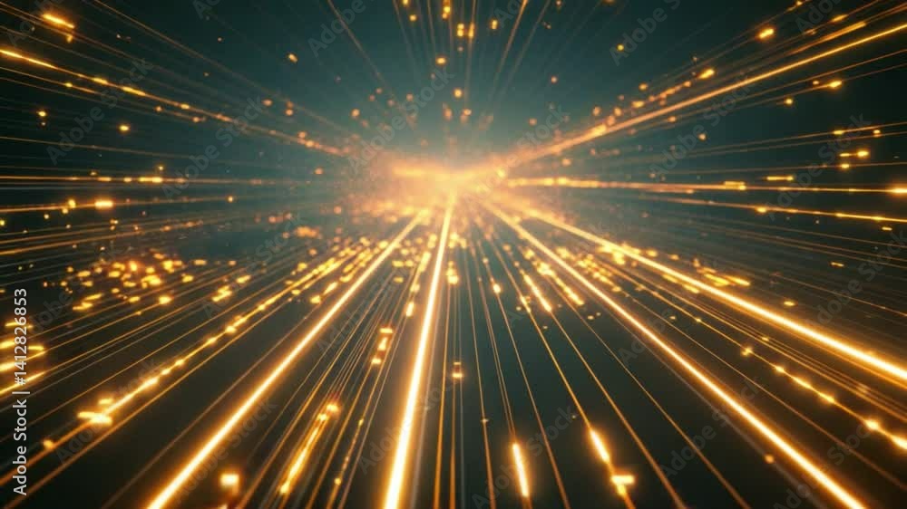 Poster dynamic light rays and vibrant golden sparks create abstract background of energy and movement, show