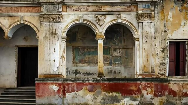 Decaying colonial mansion facade, tropical climate, faded frescoes, architectural detail, historical site, travel photography
