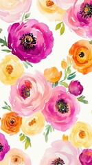 Painterly floral print with peonies, ranunculus, anemones, and poppies, watercolor technique