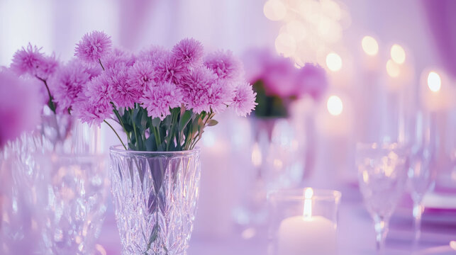 Elegant table setting with pink flowers and candlelight ambience