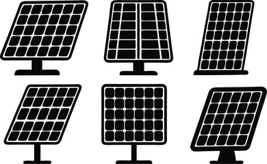 set of Solar Energy Icons in Black Silhouette, Solar Panel Icons for Renewable Energy Projects. Minimalist Vector Set of Solar Panel Designs