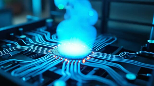 Inside a makeshift quantum lab, a chilled chamber hums softly as cables glow blue.