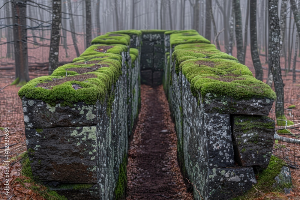 Poster an ancient stone structure covered in moss, set in a misty forest, creating an eerie and atmospheric