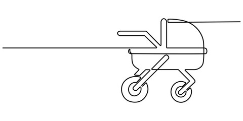 Modern baby stroller one line art. single line baby equipment . Continuous line drawing of childhood, safety,  transportation, personal, classic style, for winter. one line vector illustration.